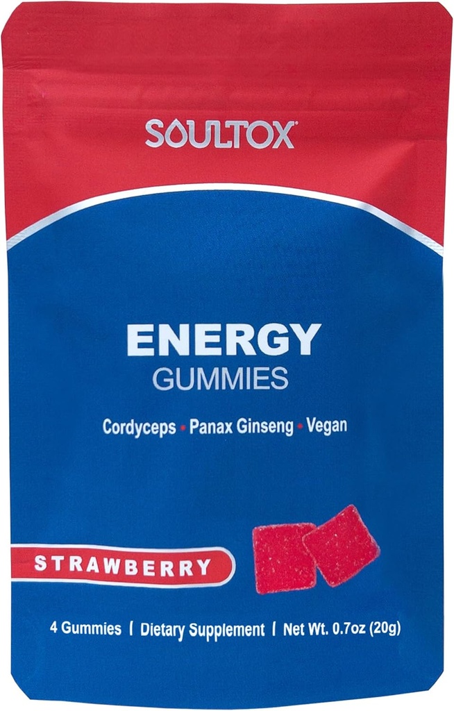 Soultox Energy Mushroom Gummies Strawberry - פורמולה טבעונית עם ג'ינסנג, Cordyceps, Caffeine, ויטמין B12 - Boosts Energy and Cognitive Function - Natural Ingredients - 10 Pack