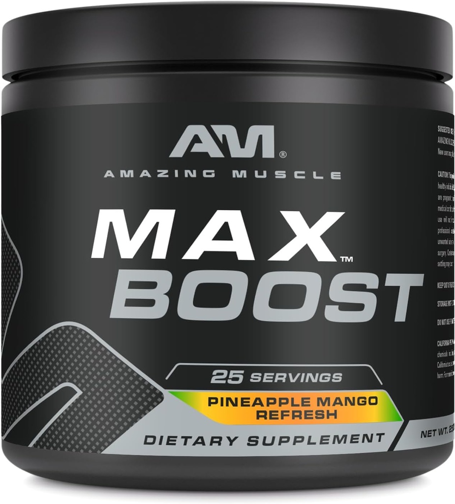 Amazing Muscle Max Boost ) 25 Servings ) Intense Pre-Workout supplement for Men ' Women ) Contains Creatine Monohydrate, Caffeine, Beta-Alanine, Betaine (25 Servings, Pineapple Mango)