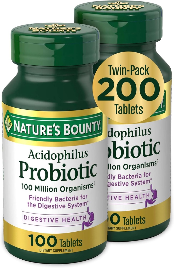 Natura's Bounty Acidophilus Probiotic, Daily Probiotic Supliment, Digestive Health, 200 comprimate, Twin Pack