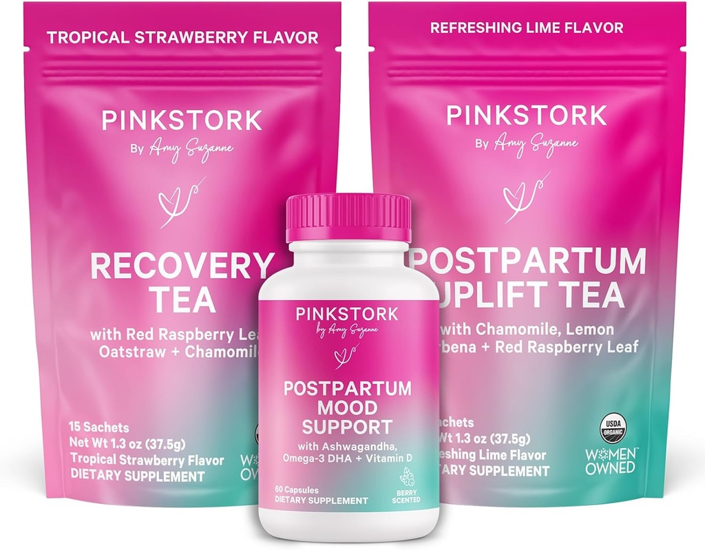 Pink Stork Postpartum Essentials Kit – Hormon Balance, Erholung & Stimmung Unterstützung für neue Mütter – postnatale Vitamine Ashwagandha + Kräutertees für Stress Relief, Energie, Schlaf – Geschenkset – Vegan, Bio
