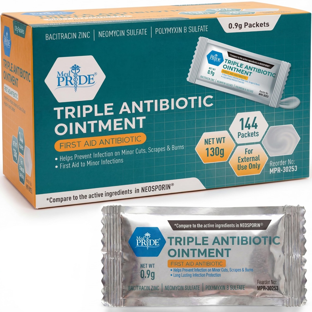 MED PRIDE Triple Antibiotic Ointment – 144 Count Individual Packets – First Aid Cream for Cuts, Scrapes, Burns, Wounds & Skin Irritation – Portable Travel-Size Antibiotic Salve Pack