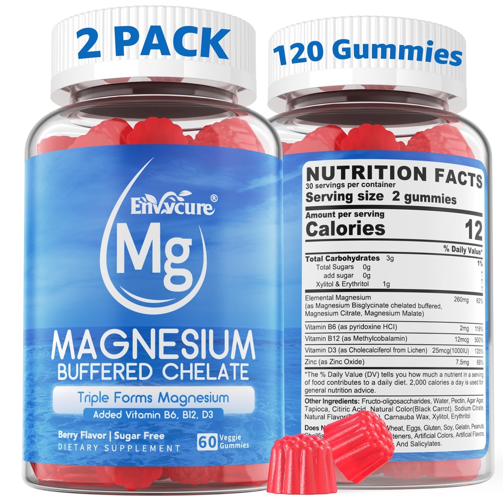 Magnesium Gummies - Triple Magnesium Complex, Magnesium Glycinate Gummies | Magnesium Glycinate, Malate, Citrate w/ D3 B6 B12, for Calm, Sleep & Muscle Cramp | High Absorption | Vegan, 2 Pack