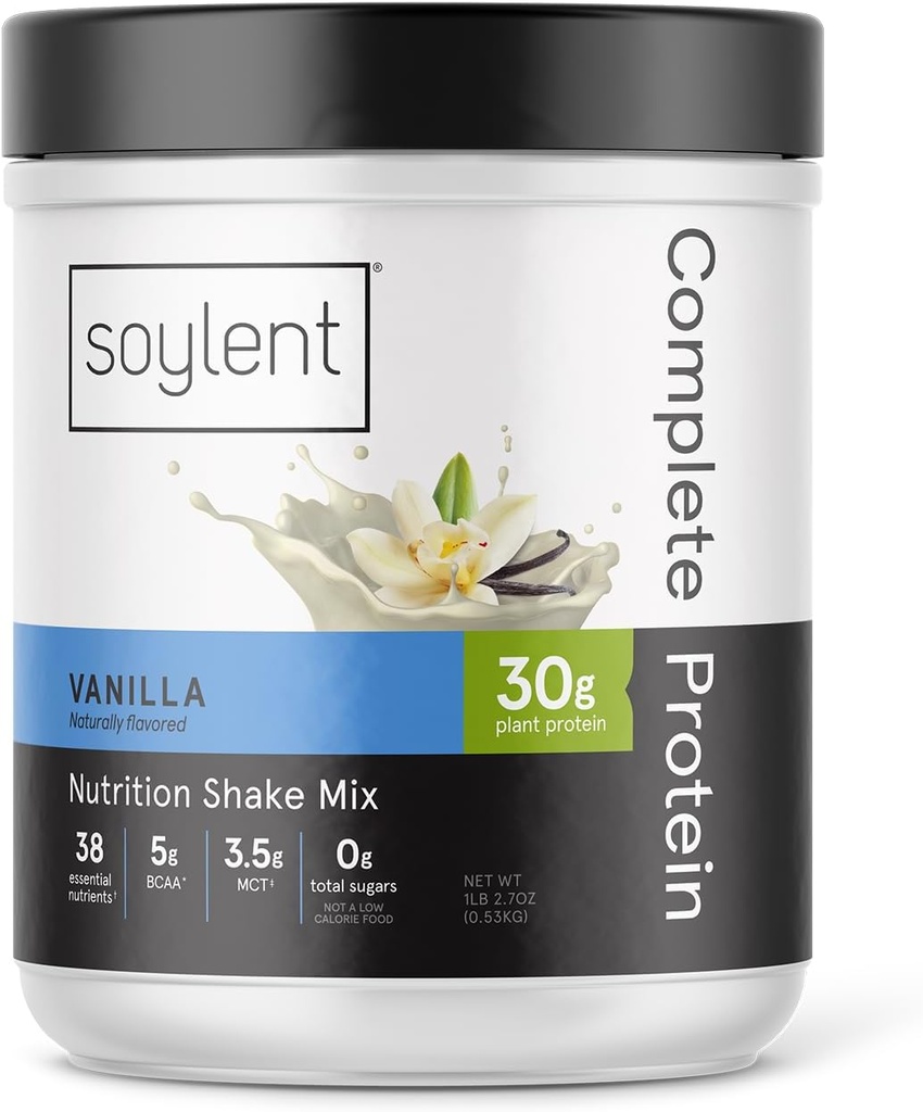 Soylent Complete Protein Powder, Vanilla, 30g Protein Shake for lihaste kasvu ja taastumise, BCAA, DHA, MCT, 28 vitamiinid ja mineraalid, null suhkur, Gluteenivaba, Vegan - 1,25lb