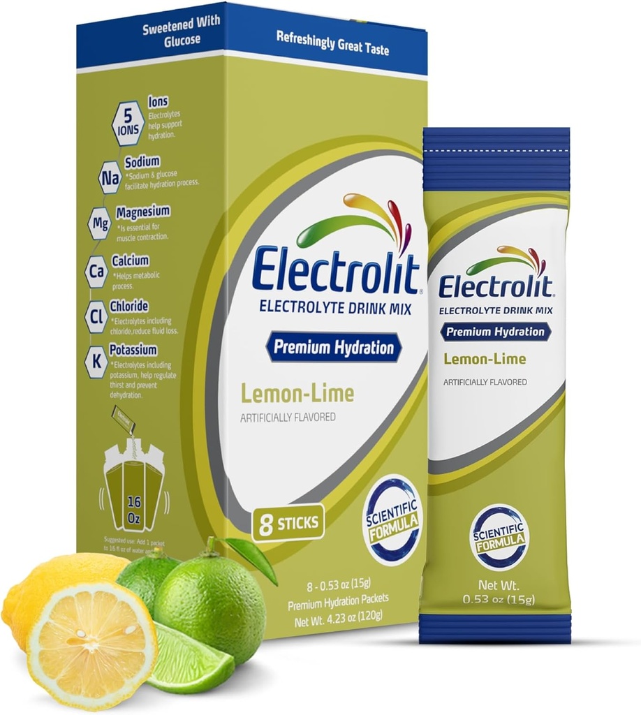 Electrolit Electrolytes Powder Packets, Lemon Lime 8 Pack, Pulvered Hydration Packets för Dehydration & Rehydration, Post Workout Flavored Hydrating Drink Mix, Gluten Free Daily Water Enhancer Sticks