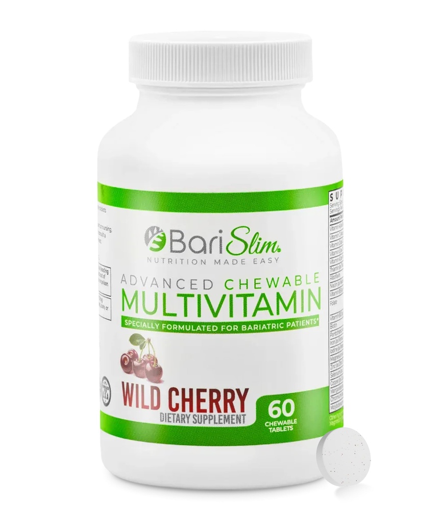 BariSlim Advanced Chewable Bariatric Multivitamin Tablets - Bariatric Vitamin and Supplement for Post Bariatric Surgery Including Gastric Bypass and Gastric Sleeve | Wild Cherry (60 Count)