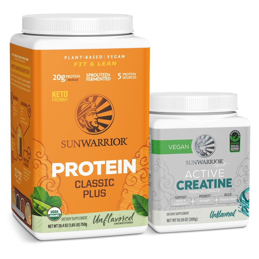 Sunwarrior Vegan Protein Powder | Unflavored, 30 Servings & Creatine Monohydrate Powder | Unflavored, 60 Servings