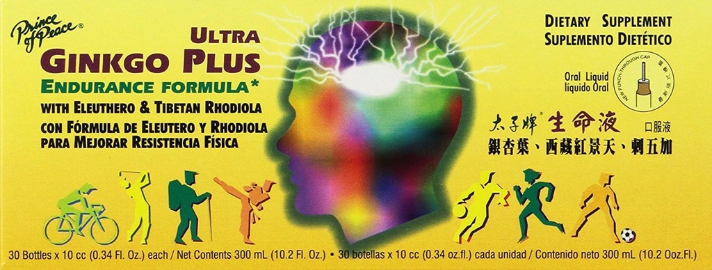Prince of Peace Ultra Ginkgo Plus, 30 Botellas, 0.34 fl. oz. Cada – Suplemento de Boost de Cerebro – Soporte para Estilos de Vida Activos – Ginkgo Biloba para la Resistencia