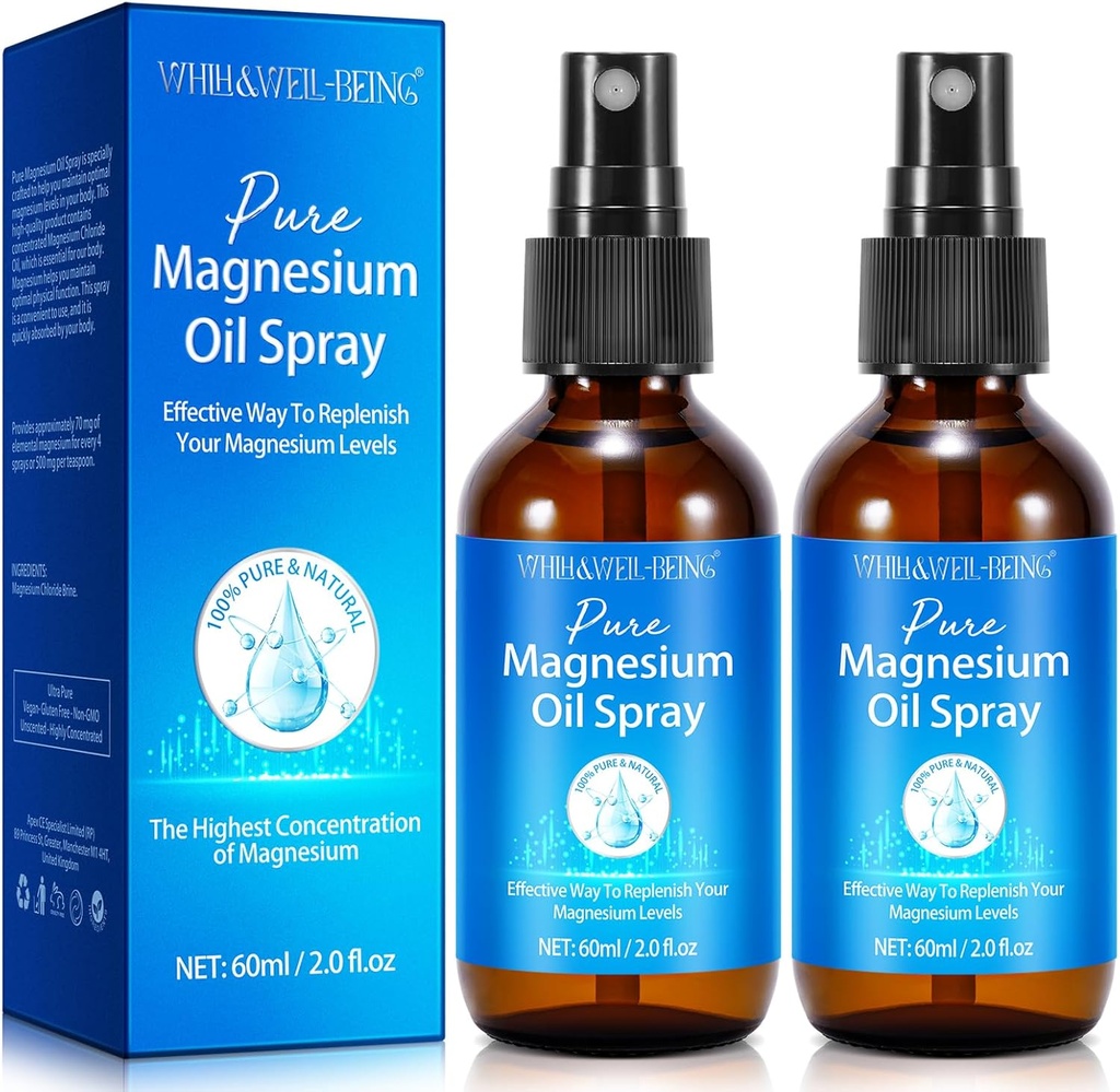 Semprotan Magnesium, Semprotan Minyak Magnesium Murni untuk Kaki, Ingredien Alam di Botol Kaca, Mudah ke Absorb dan Gunakan 2Pack
