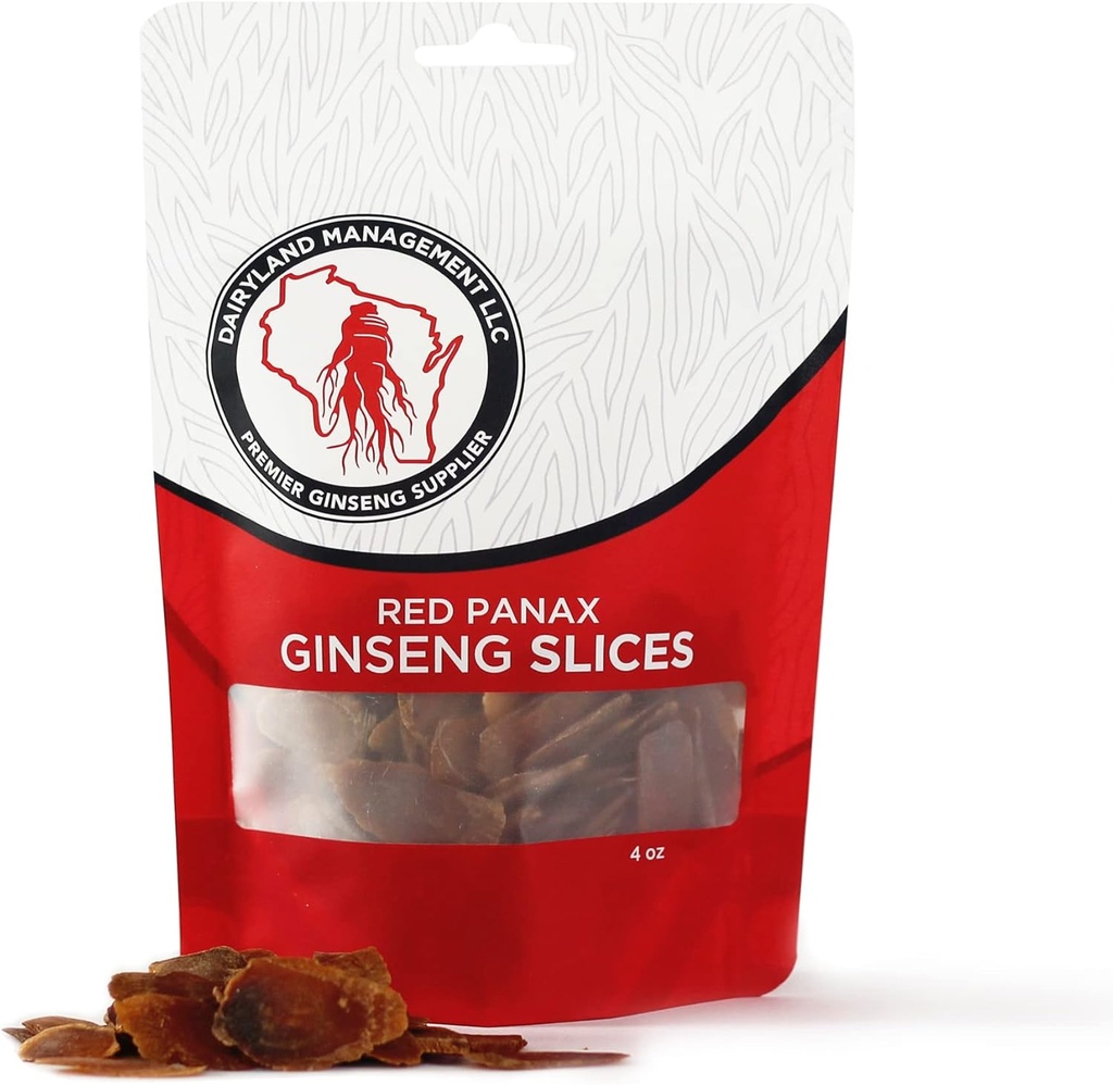 Mlekarna Management LLC Red Panax Ginseng Slices - 4 oz Pack Korean Panax Ginseng Slices - Non-GMO, Gluten Free Red Ginseng Root Slices - Uporabite ta zeliščni dodatek v juhi, čaj, Congee