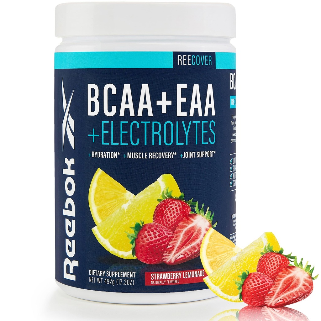 Reebok REEcover Amino Acids + Electrolytes | 8g EAAs, 5g BCAAs, Hydration Matrix | Muscle Recovery, Strength | Post-Workout Support | 30 Servings | Strawberry Lemonade