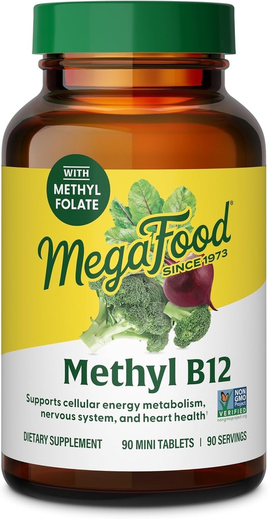 MegaFood Methyl B12 - Vegan - Includes Methyl Folate, Vitamin B12 " B6 - Supports Cellular Energy Production, Nervous System Health " Cardiovascular Function - 90 Tablets