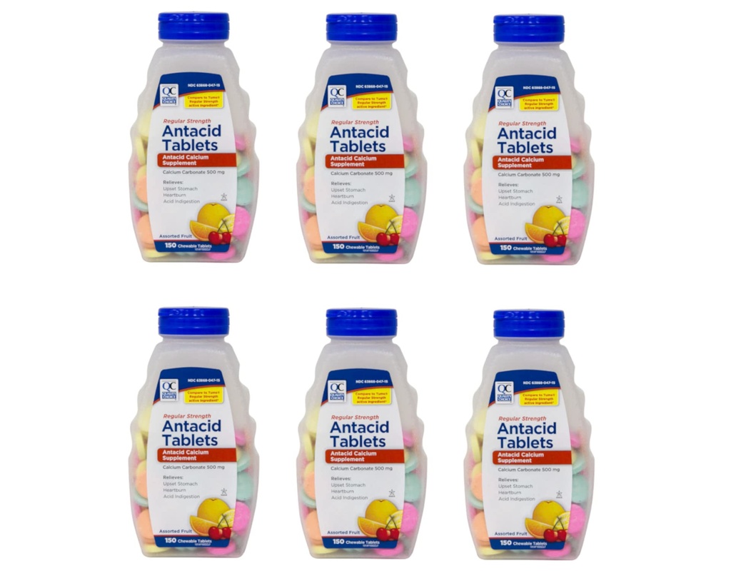 Quality Choice Regular Strength Calcium Carbonate 500 mg Antacid Chewable Tablets, 150 Count - Pack of 6