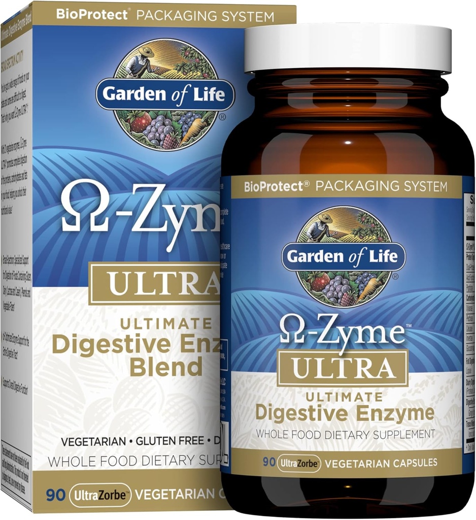 Giardino della vita Vegetariano Integratore Digestivo Capsule, Omega Zyme Ultra Enzime Blend per Digestione, Bloating, Gas e IBS, Unflavored, 90 Conte