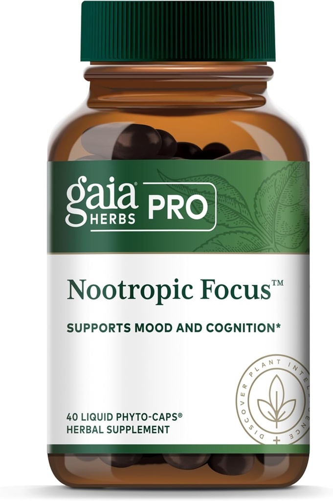 GAIA HERBS PRO Nootrop Focus - Brain Health Supplement* - Nootropic Supplement with Saffron, Ginkgo Leaf Extract & Lemon Balm - Vegan, Gluten-Free - 40 Liquid Phyto-Caps (20 Servings)