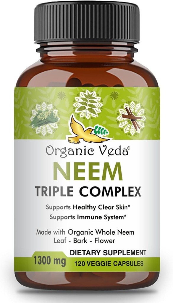 Veda Organic Veda Neem Capsules amb Extreució del triple complex Neem Leaf, Bark i Flor - Hebal suplementari Boonds Imunity, millorats, pell de salut i suport de la salut - 120 Compte