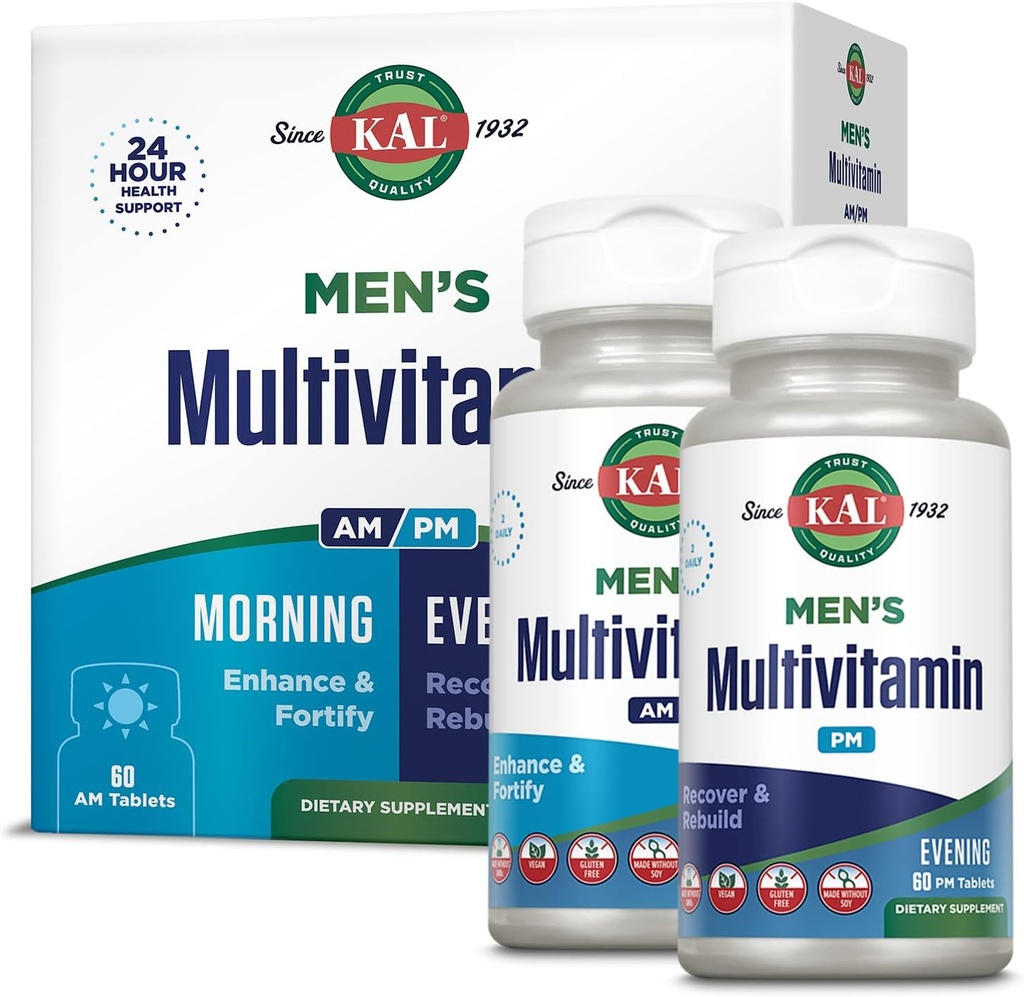 Kal Men 's Multivitamin AM / PM, Antioxidanty dodatek, Svalová, Imunitní, Elektrolytová rovnováha, Celková Wellness podpora, Made Without GMO and Soy, Vegan, 30 Servings, 120 Tablety