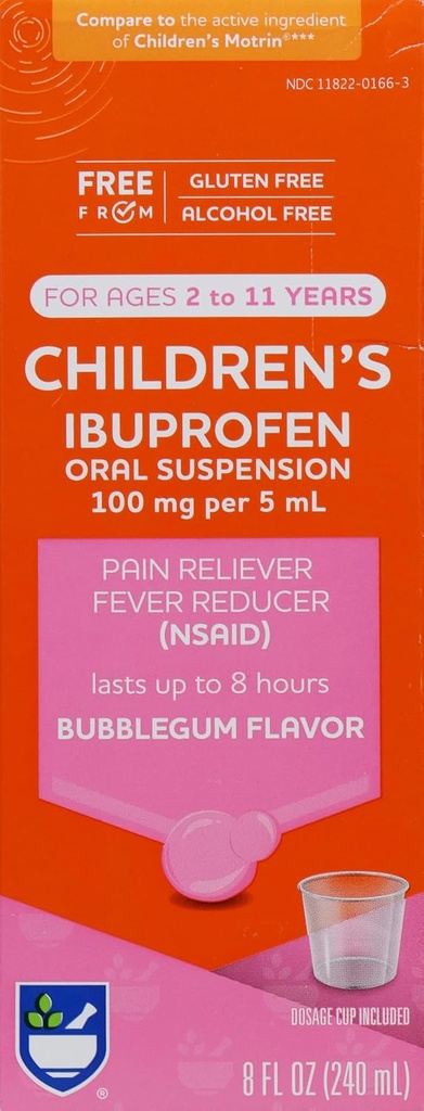 Rite Aid Children's Ibuprofen, Ages 2-11, Bubble Gum - 8 oz | Kids Pain Reliever & Fever Reducer | för barn Ålder 2 till 11 år | Ibuprofen Oral Suspension 100 mg / 5 ml | Alkoholfri och glutenfri