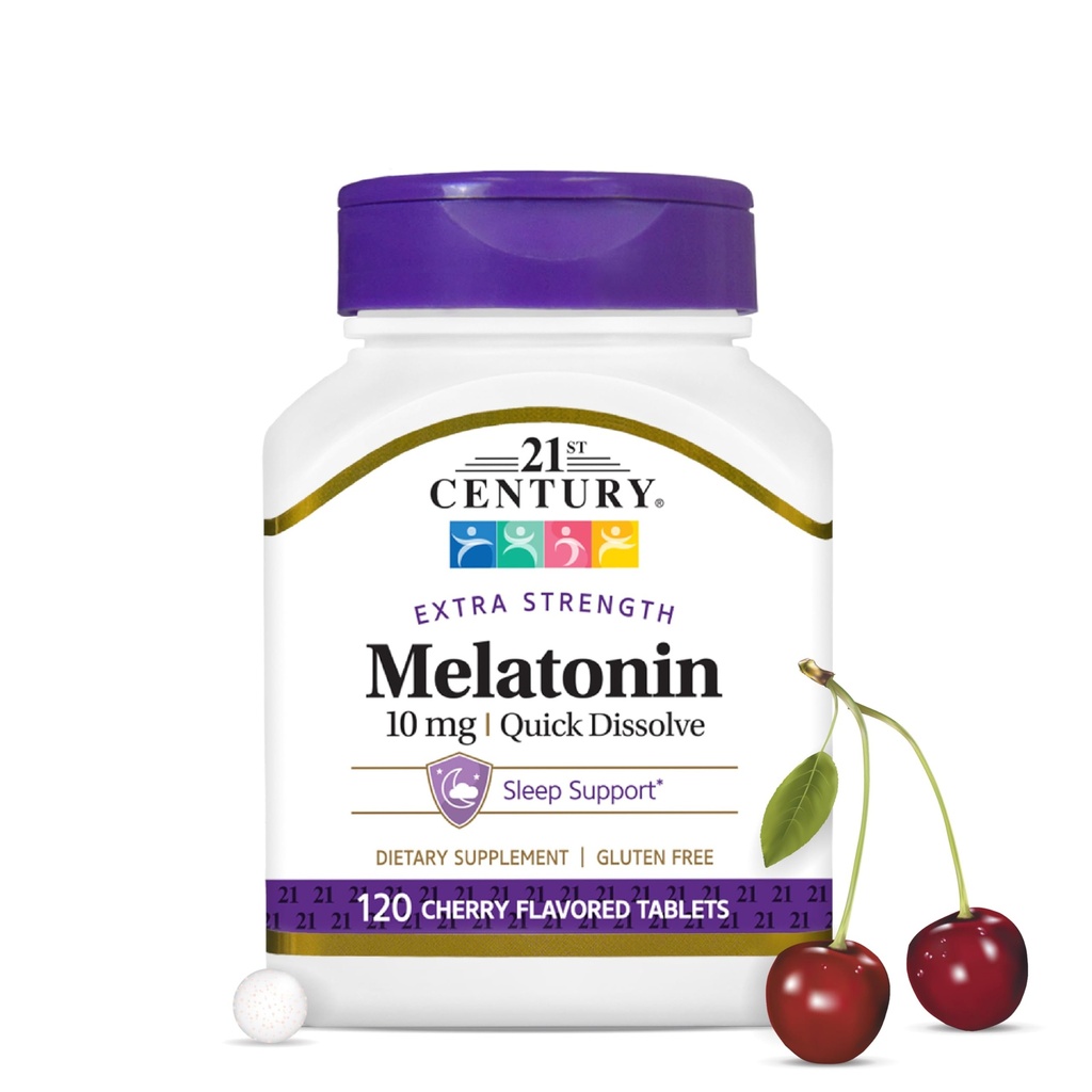 21st Century Melatonin 10mg Extra Strength, 120 Count, Quick Dissolving Sleep Aid for Adults, Promotes Relaxation and Restful Sleep, Non-Habit Forming, Gluten-Free, Cherry Flavor