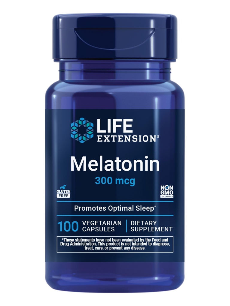 Life Extension Melatonin, 300 mcg, Gentle Sleep Support, Healthy circadian Rhythms, Cellular Defense, Gluten-Free, Non-GMO, Vegetarian, 100 Capsules