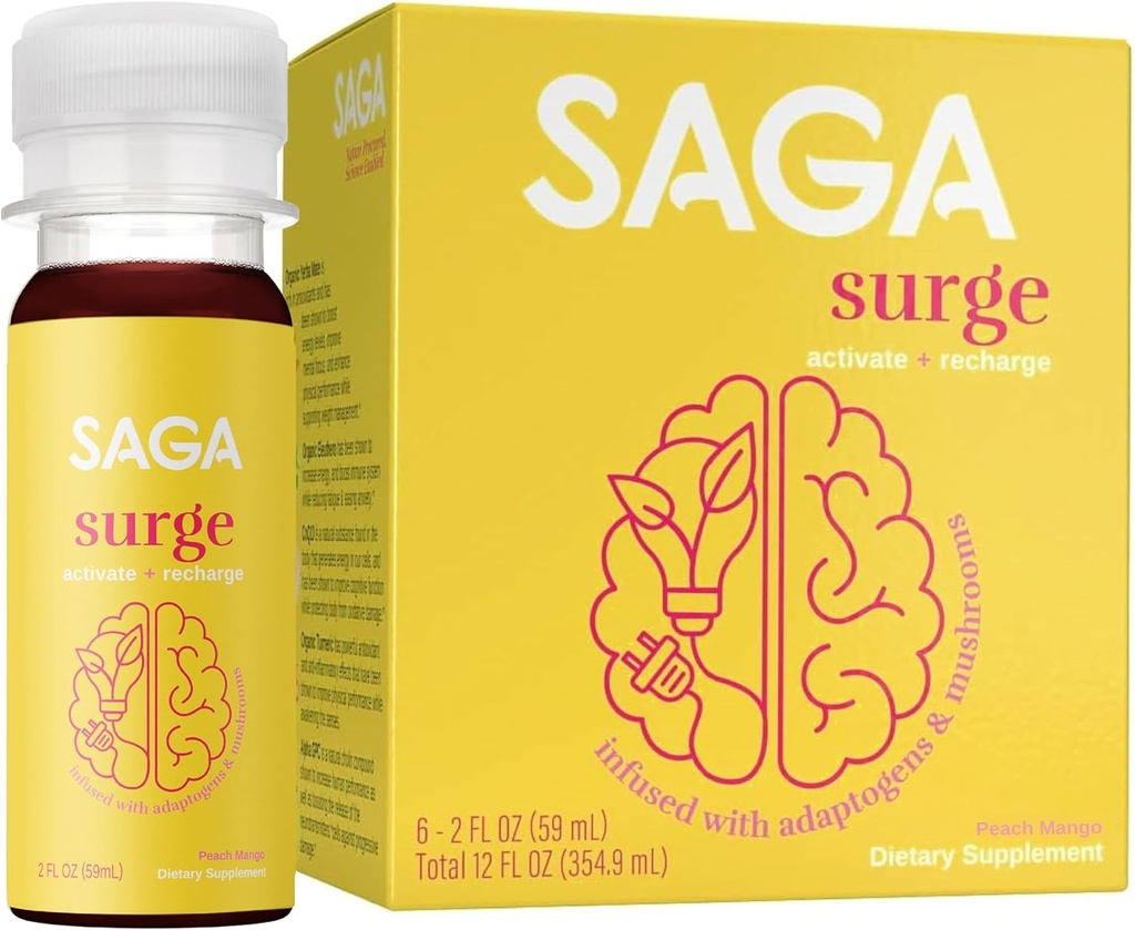 SAGA SURGE Organic Energy Shots , Performance Drink , Yerba Mate " Alpha GPC supplement with CoQ10, Turmeric " Mushrooms , Pre Workout Boost Drink for Focus, Endurance ' Performance | 2oz Peach Mango