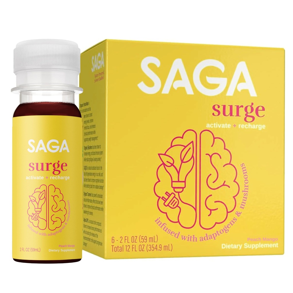 SAGA Surge Organic Energy Shots | Performance Drink | Yerba Mate & Alpha GPC Supplement with CoQ10, Turmeric & Mushrooms | High Bioavailability & Fast Onset | Pre Workout Boost Drink for Focus, Endurance & Performance | Peach Mango 2oz Shots