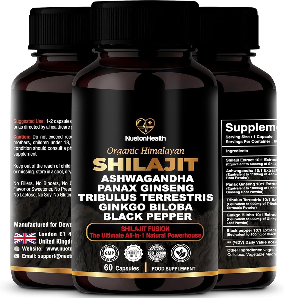 Himalayan Shilajit Capsules med Ashwagandha, Ginseng, Tribulus, Ginkgo & Black Pepper – Vegansk, Glutenfri Botanisk blanding for daglig velvære og vitalitet – 60 Kapsler