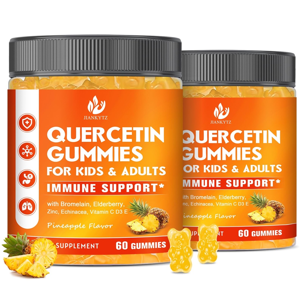 (2 Pack) Sugar Free Quercetin with Bromelain Gummies for Kids & Adult - Immune, Antioxidant, Seasonal Support, 1000mg Quercetin Supplements with Bromelain, Zinc, Elderberry, Vitamin C D3 E, 120 Count