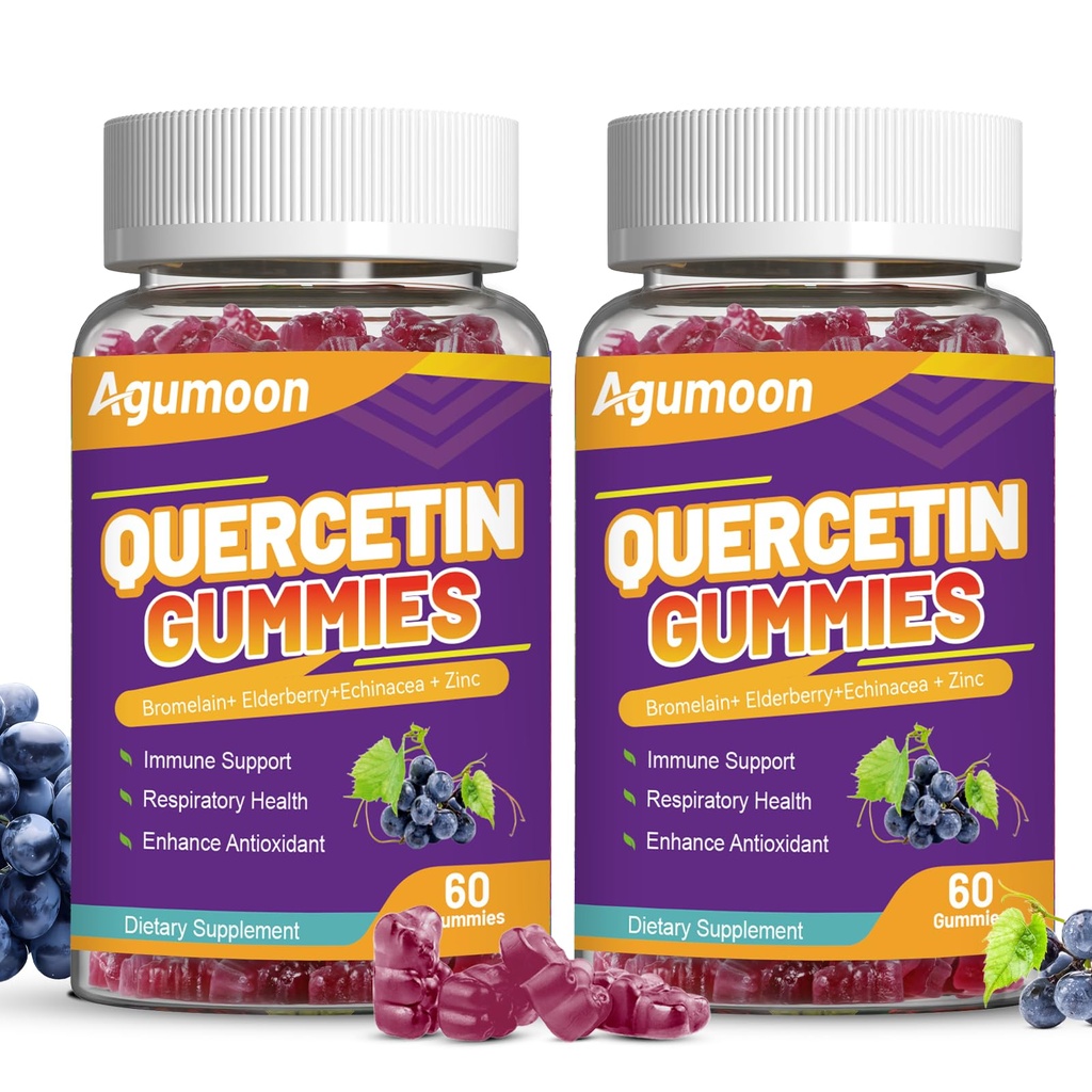 2 Pack Quercetin Gummies, 1000mg Quercetin with Bromelain Zinc Elderberry, Immune & Antioxidant Support, Vegan Gummies for Adults & Kids, 120 Count