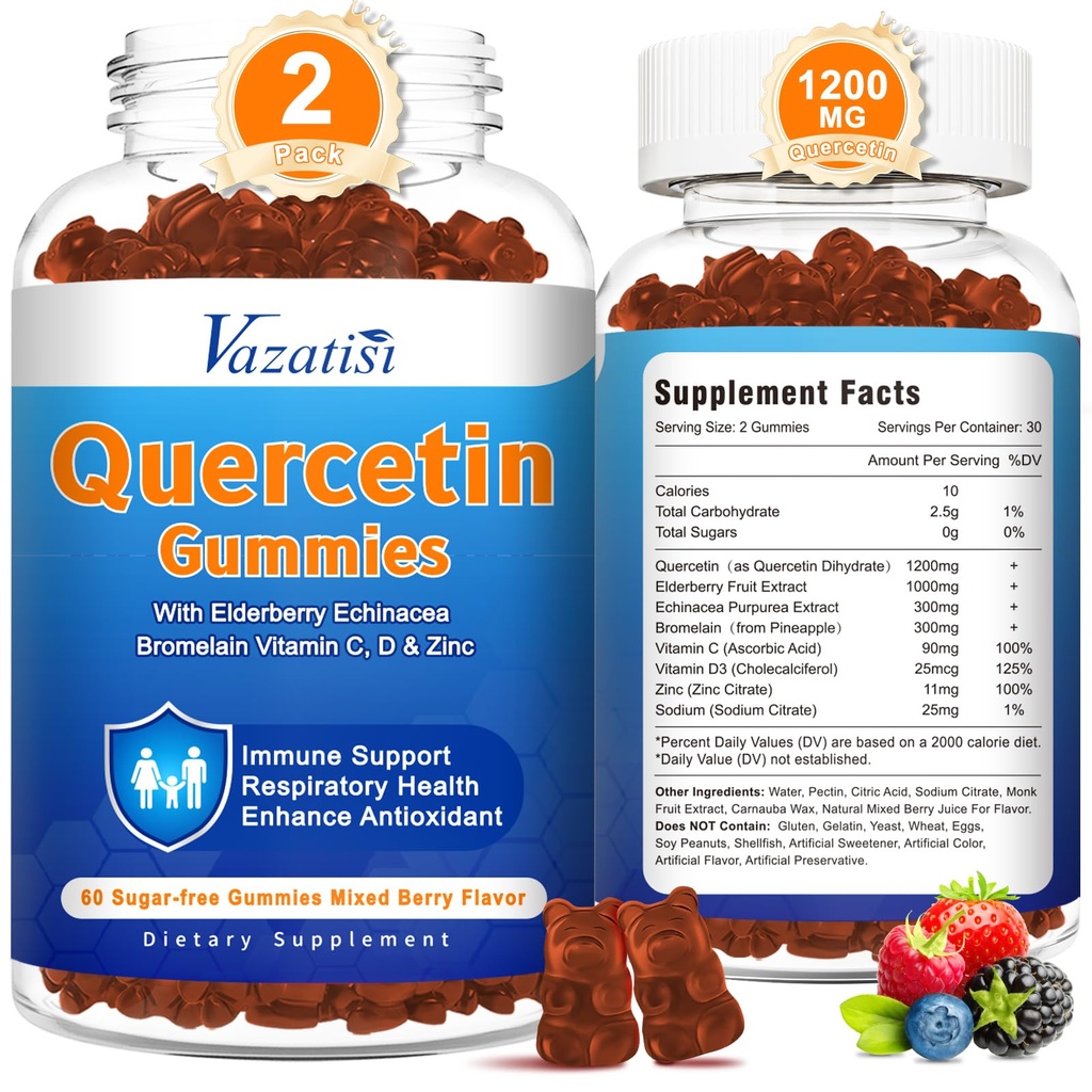 2 Pack Quercetin with Bromelain Gummies, Quercetin with Vitamin C Zinc & Elderberry for Immune System & Allergy, Chewable & Vegan Gummies, Mixed Berry Flavor 120 Cts