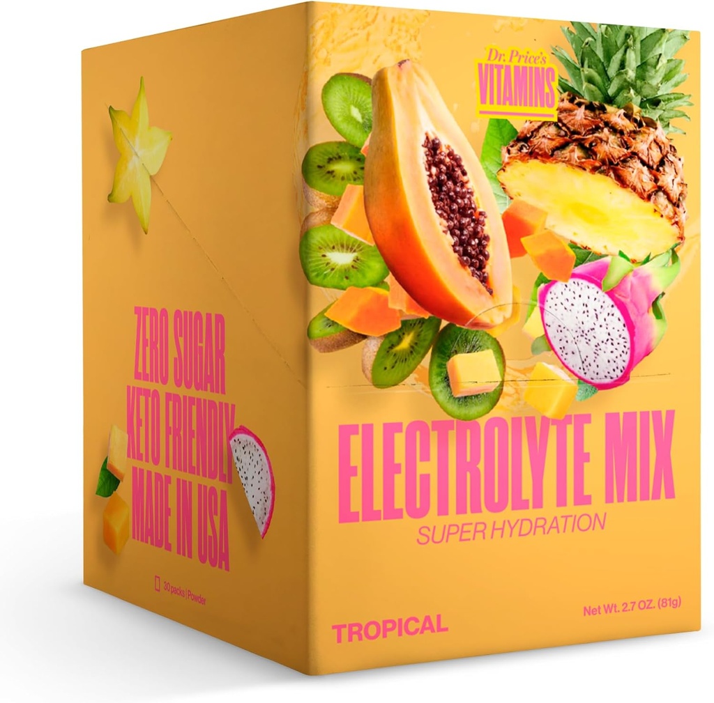 Dr. Price Elektrolytmischung | Zuckerfreies Hydratationspulver mit 72+ Spurenmineralien | Kein Zucker, schnellauflösende Elektrolyte Pulverpackungen | Tropical (30 Packungen)