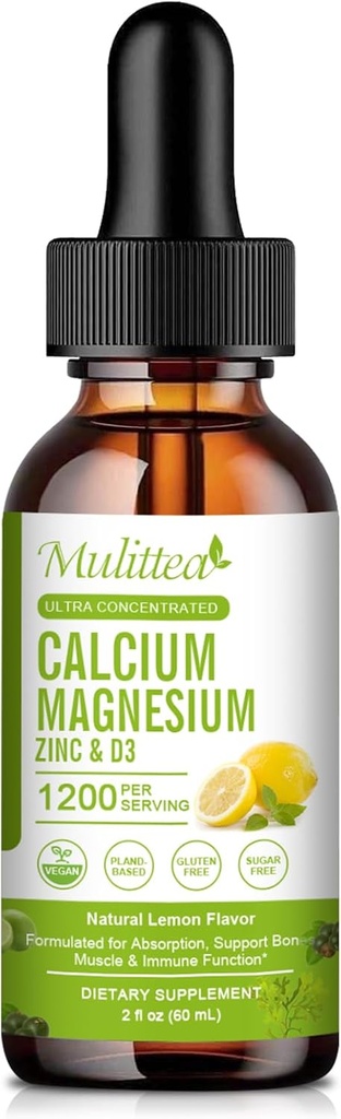 Calcium Magnesium Zinc Liquid with Vitamin D3, Magnesium Glycinate Plus Vitamin C K2| High Absorption Plant Calcium Supplement for Heart & Bone| Gluten Free，Sugar-Free | 30 Servings | Lemon Flavor