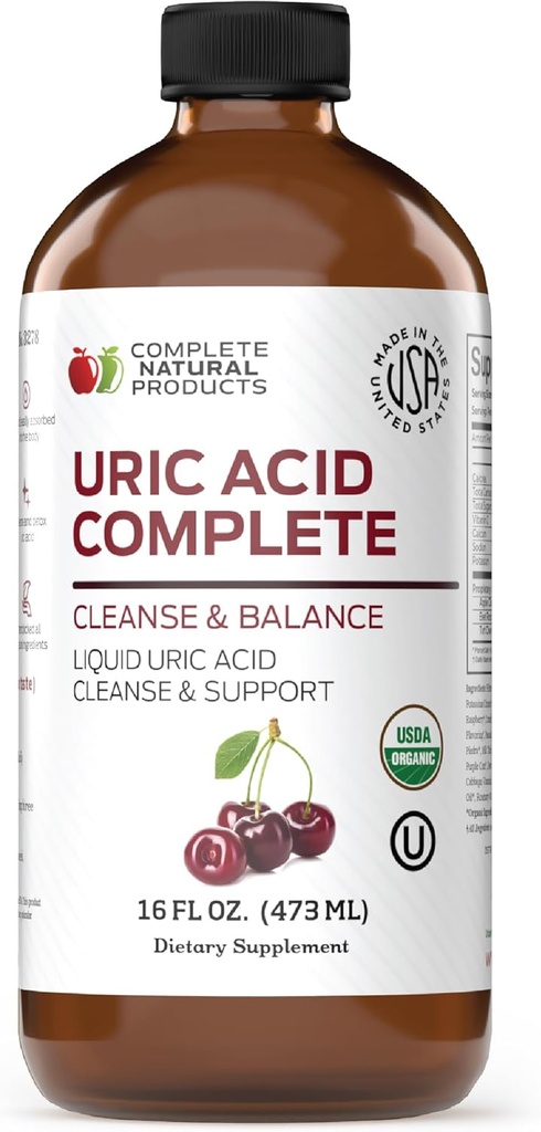 מוצרים טבעיים שלמים Uric Acid Complete - 16oz נוזל תוספת לתמיכה Uric Acid ניקויse, Kidney Health & Circulation עם Apple Cider Vinegar, Tart Cherry, & Beet Root.