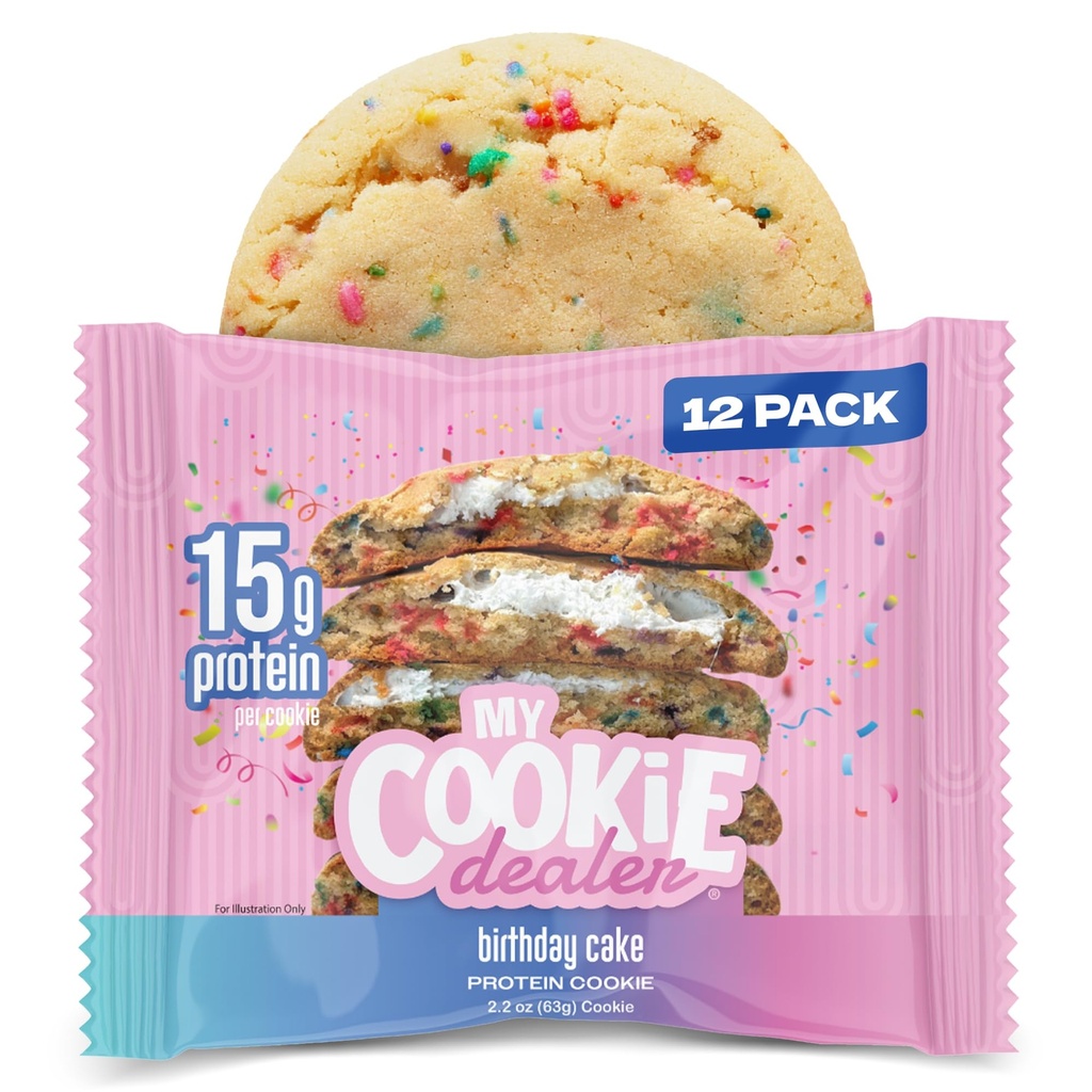 My Cookie Dealer Protein Cookies, Birthday Cake (2.2oz, Pack of 12) - 15g Protein per Cookie - Individually Wrapped Workout Snacks for On-The-Go Travel