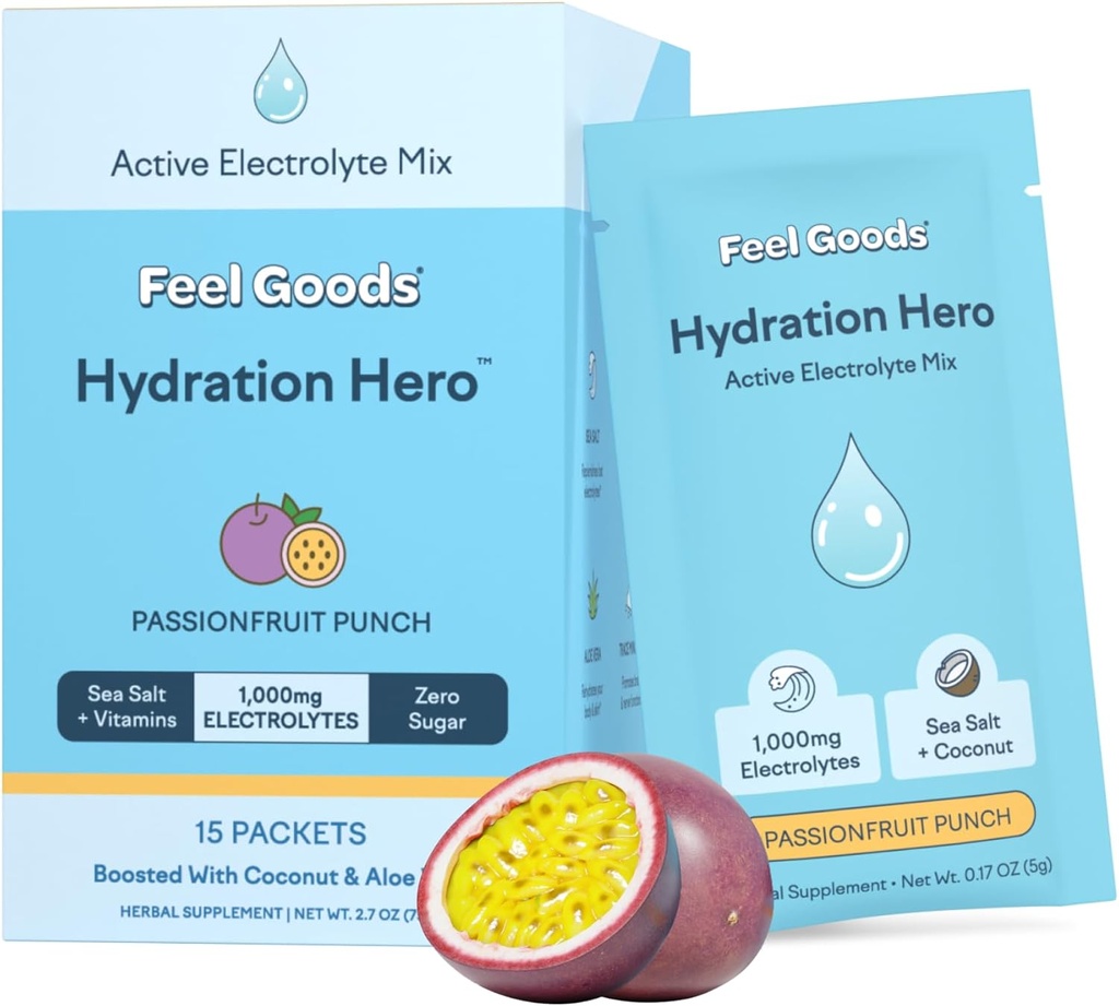 Feel Goods Hydration Hero, 1,000mg Electrolytes Powder, Cukier wolny, Magnez, Organic Aloe Vera, L Theanine, Witamina C & B12, Keto, Wegan, Pakiety Electrolyte, Passion Fruit Punch, 15 Count