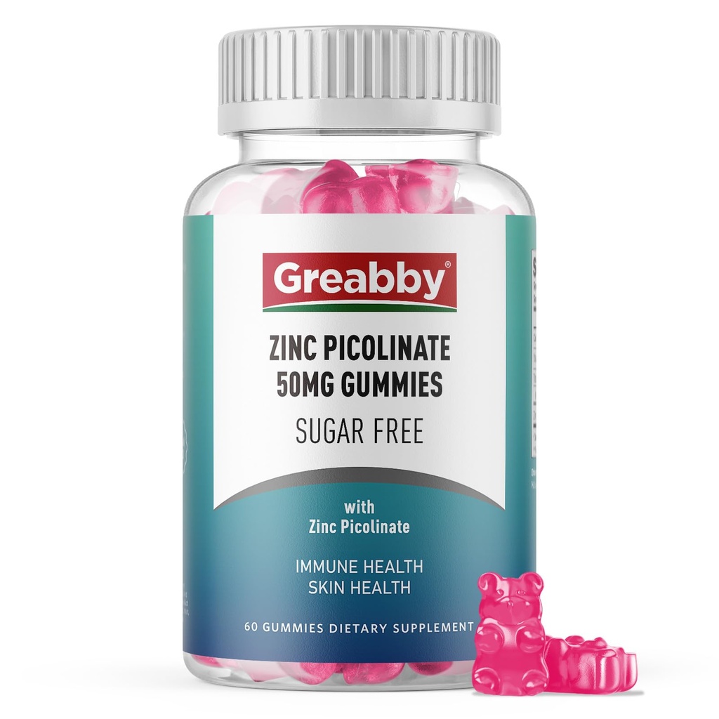 Zinc Picolinate 50 mg, Zinc Gummies Sugar Free, Highly Absorbable Zinc Supplements for Women Kids Adults, Support Kids Teens Growth, Immune Function, Skin Health, Vegan & Organic, 60 Gummies