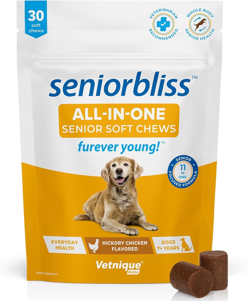 Vetnique Seniorbliss Glucosamine, Omega 3 Balıq Yağı və Probiotiklər ilə Senior Dog Multivitamin - Optimal Sağlamlıq üçün Digestive və İmmune Support (All-in-One Daily Vitamin, 30 Ct)