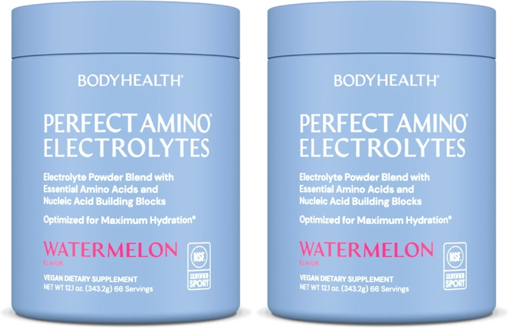 BodyHealth PerfectAmino Electrolytes Powder No Sugar, Hydration Fasting Keto Zero Sugar Electrolytes Drink Mix with Trace Minerals - NSF Certified for Sport - Watermelon - 66 Servings (Pack of 2)