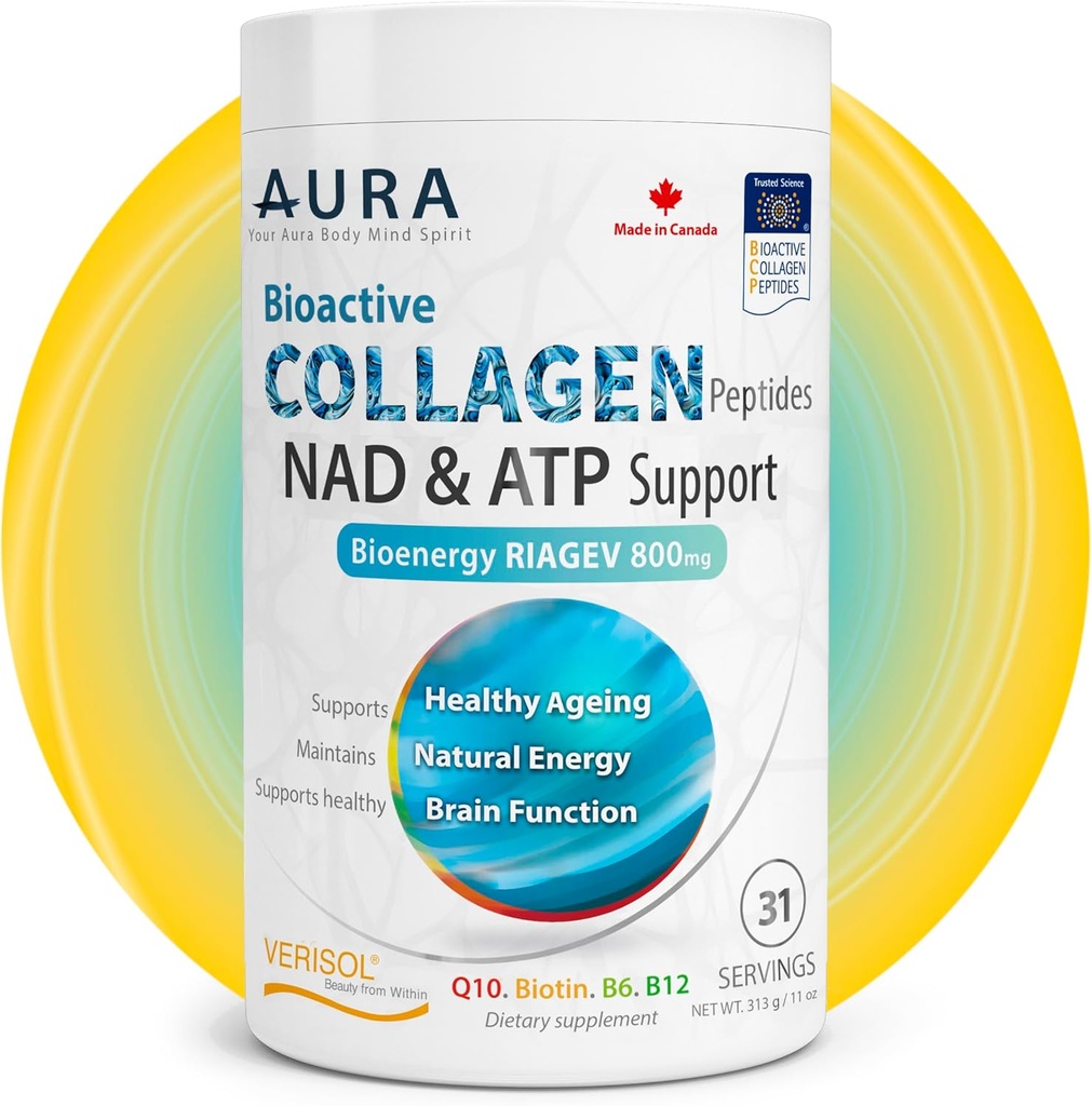 AURA VERISOL® Bioactiva Collagen Peptides® Powder with Patented NAD+ & ATP Boosters, Advanced Cellular Rejuvenation System, Healthy Aging & DNA Repair, Unflavored, Made in Canada, 31 Servings.