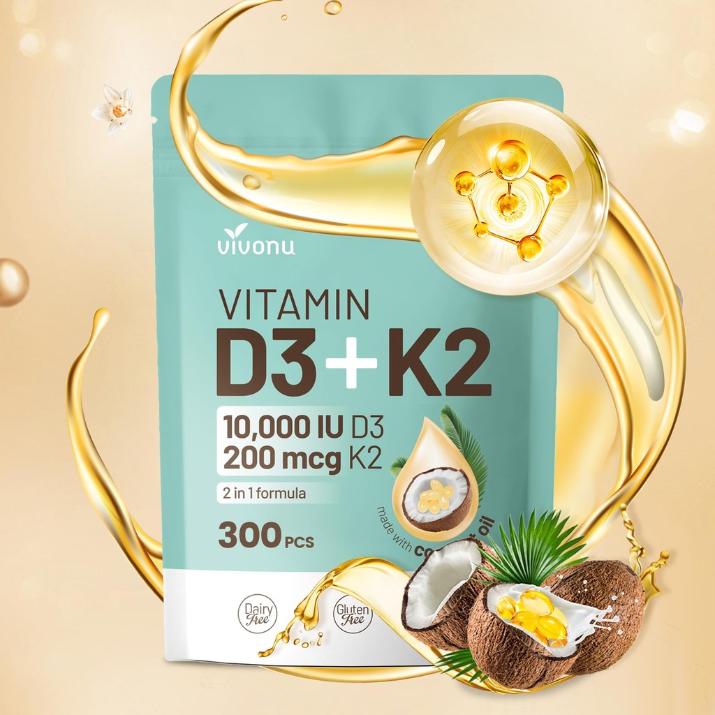 VivoNu Vitamin D3 K2 10000 IU with MK7-300 Virgin Coconut Oil Softgels, 2 in 1 Vitamins D & K Complex | Vitamina D3 con K2 (300 Softgels /1 Bag)