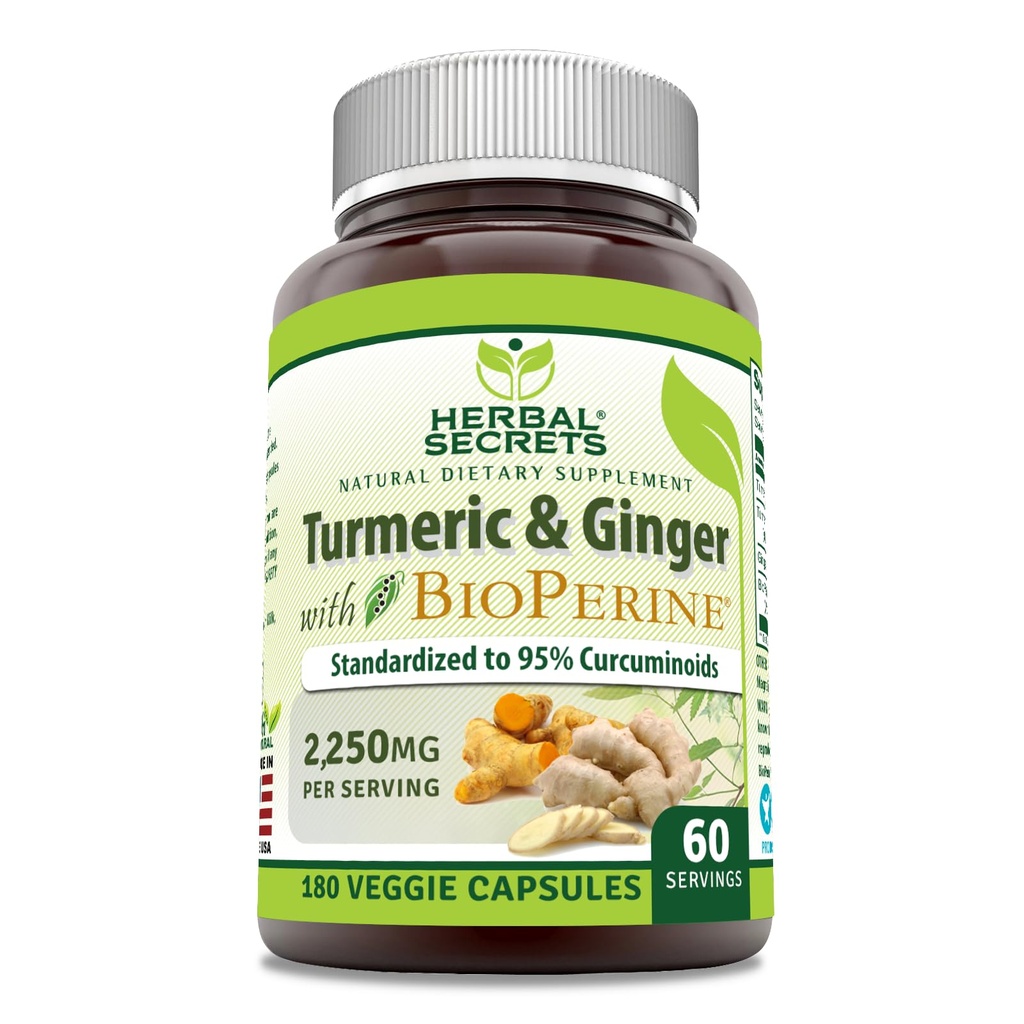 Herbal Secrets Turmeric Curcumin & Ginger with BioPerine Supplement | 2,250 Mg Per Serving | 180 Capsules | Non-GMO | Gluten Free | Made in USA