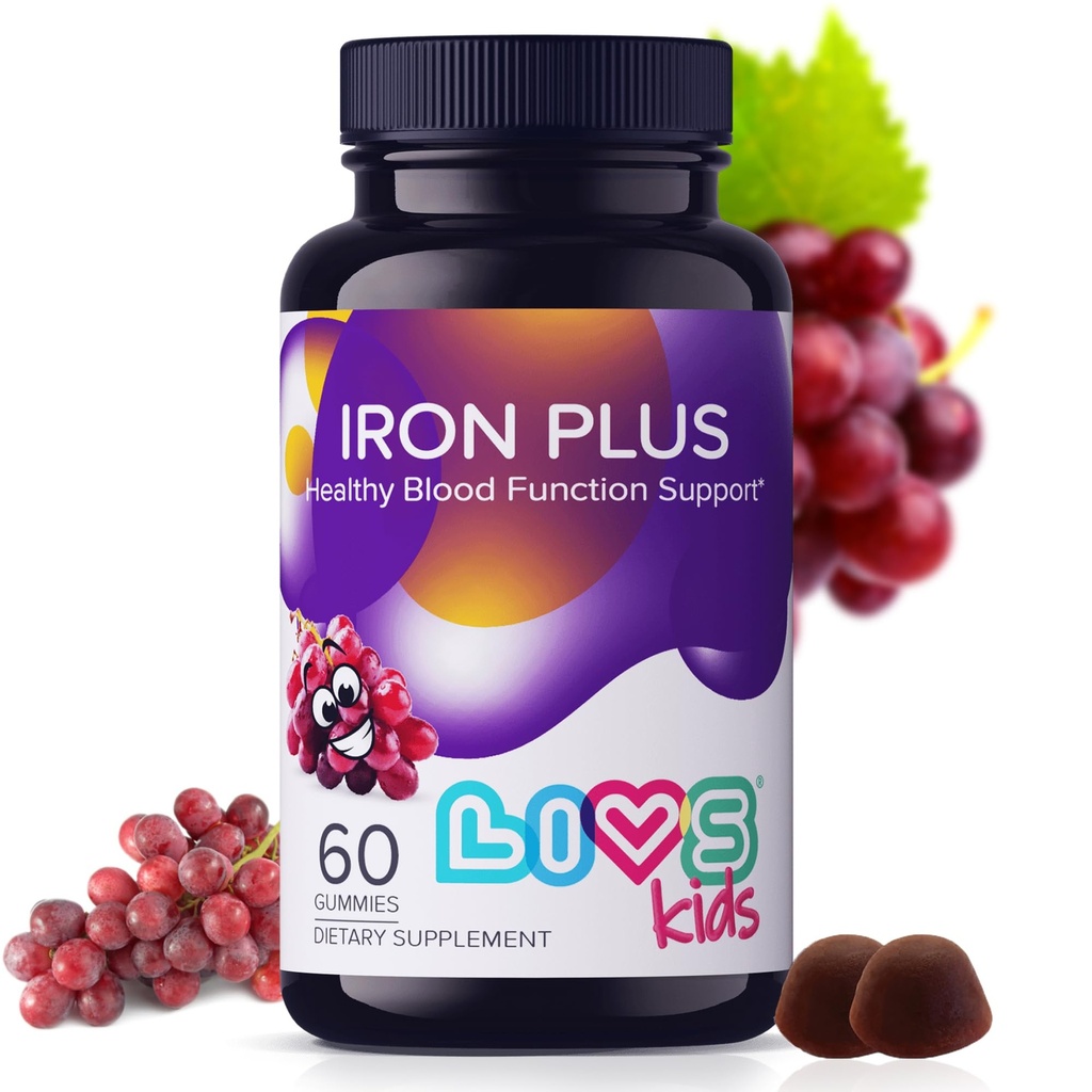 LIVS Iron Supplement for Kids with Vitamin C, A, B3, B5, B6, B12, Biotin, Zinc & Folate | Non-GMO, Gluten Free Chewable Supplement as Gummy for Energy Boost & Anemia Support - 60 Count