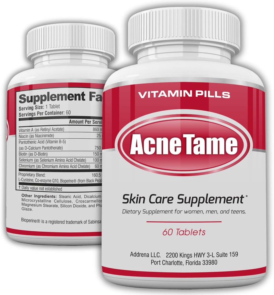 Acne pillen- Acne Tame supplement- Heldere huidvitaminen pil voor olieachtige huidbehandeling, Hormonale vlekken, Antivlekken & Cystische Acnes Supplementen voor vrouwen, mannen, tieners & volwassenen- 60 orale tabletten