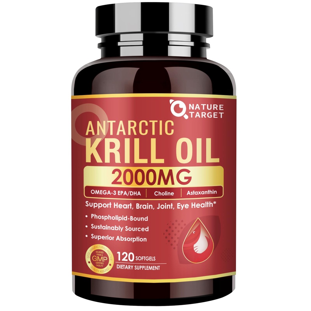 NATURE TARGET Krill Oil 2000 mg with Omega-3 EPA & DHA with Astaxanthin Supplement, Choline - Supports Heart, Brain, Join, Eye Health, Non-GMO, Gluten Free, 120 Softgels (60 Servings)