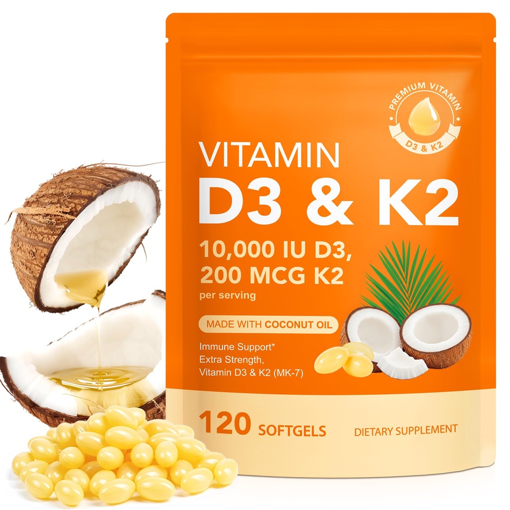 Vitamin D3 K2 with Coconut Oil - Vegan Vitamin D3 & Mk7 Vitamin K2for Bone & Immune Support - Non-GMO, Soy Free - 120 Softgels