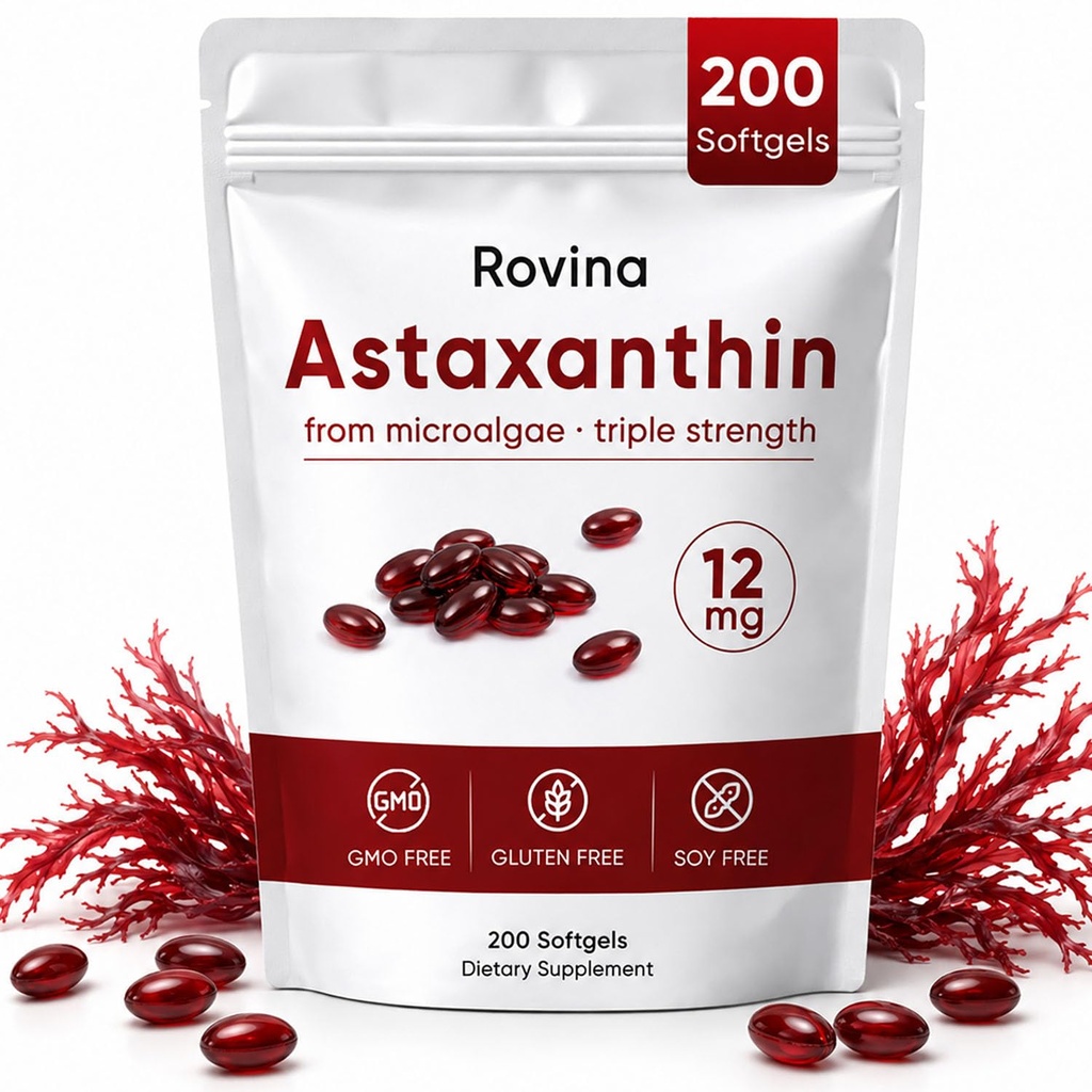 ROVINA Astaxanthin 12mg Softgels, Antioxidant Supplement Supports Eye, Skin, Immune, Joint, Internal Circulation, Non-GMO & Gluten Free - 200 Softgels