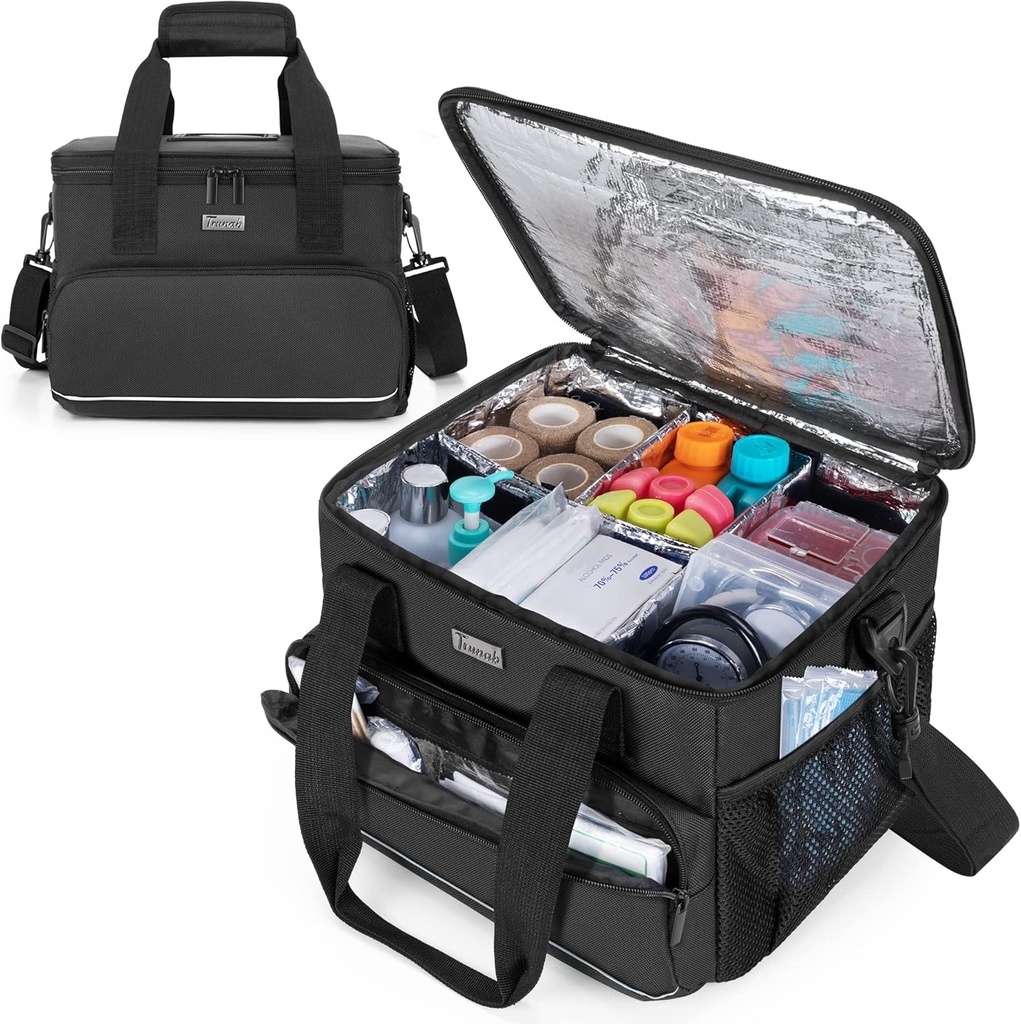 Trunab Insulated Medical Bag mit verstellbaren Dividers, Medizin liefert Wasser-Resistant Tasche für Zuhause, Reisen, Camping, Leere Tasche - Patentiertes Design, Schwarz