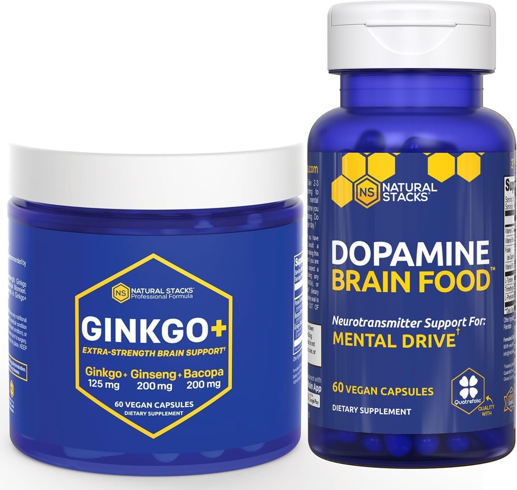 NATURAL STACKS Ginkgo Biloba + Dopamin Brain Food Bundle - Támogatja a Focus & Mental Drive * - 120 teljes kapszula