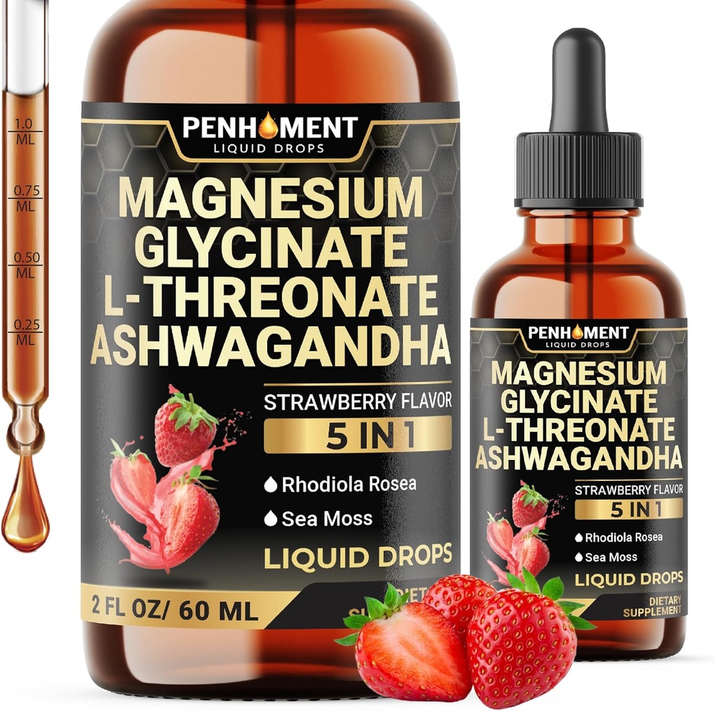 5in1 Magnezijev Glicinat Tekoče kapljice z izvlečkom Ashwagadha, magnezijev L-treonat, Rhodiola Rosea, Sea Moss - Brain Support and Immune - 2 Fl Oz - Dobava 30-dan - Jagodna aroma