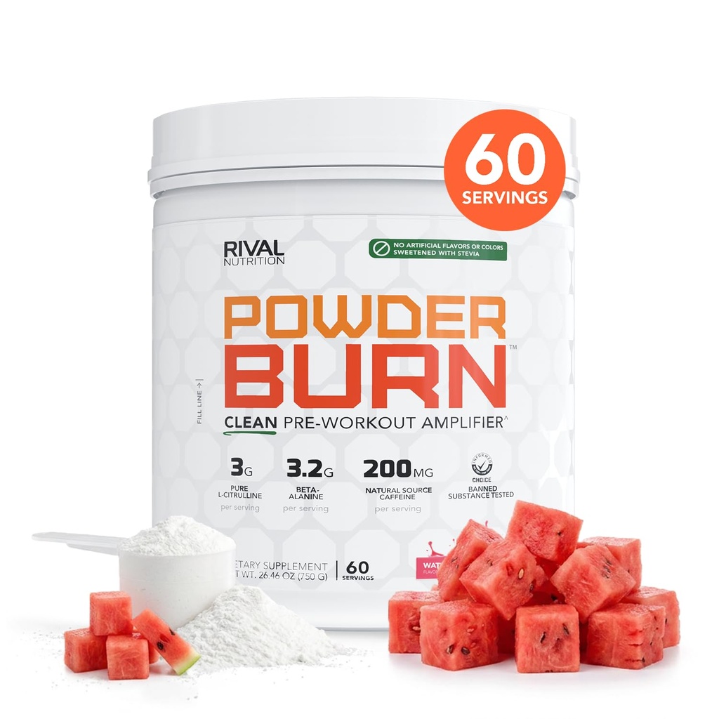 RIVAL NUTRITION Powder Burn Pre-Workout Energy Powder for Men and Women I Watermelon Candy, 60 Servings | Clean Ingredients I 3g L-Citrulline, 3.2g Beta-Alanine and 200mg Natural Caffeine Per Serving