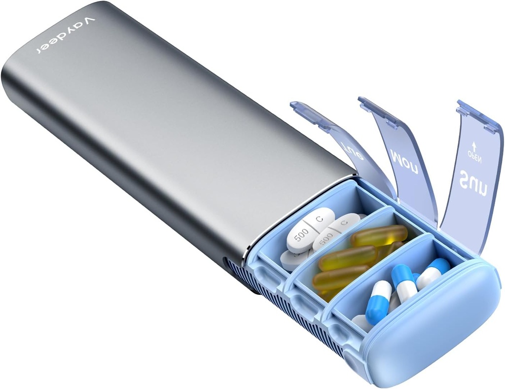 Vayelan Metal Travel Pill Organizátor, 7 dní Týdenní Pill Box, Velká kapacita Denní roztomilý Pill Pouzdro pro doplňky, pilulky, vitamíny a léky (malé, střelné)